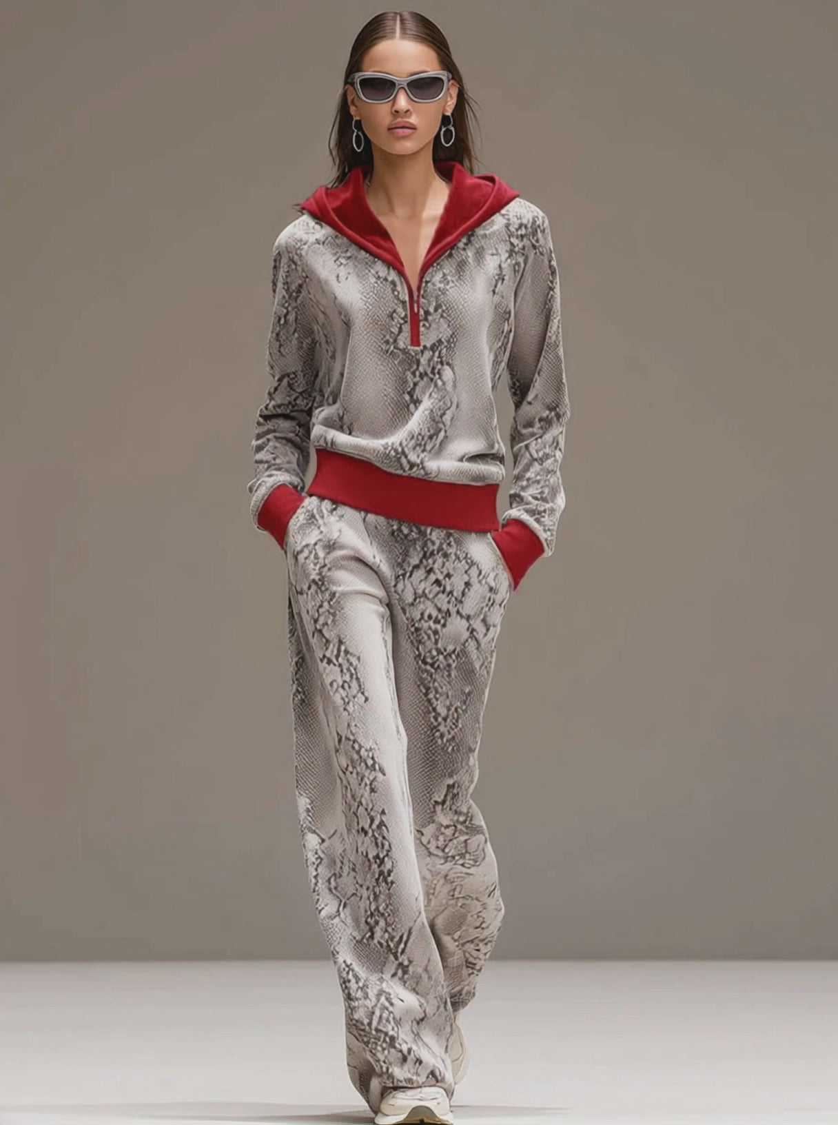 Casual Sporty Retro Snakeskin Gray Velvet Hooded Sweatshirt Wide-Leg Set