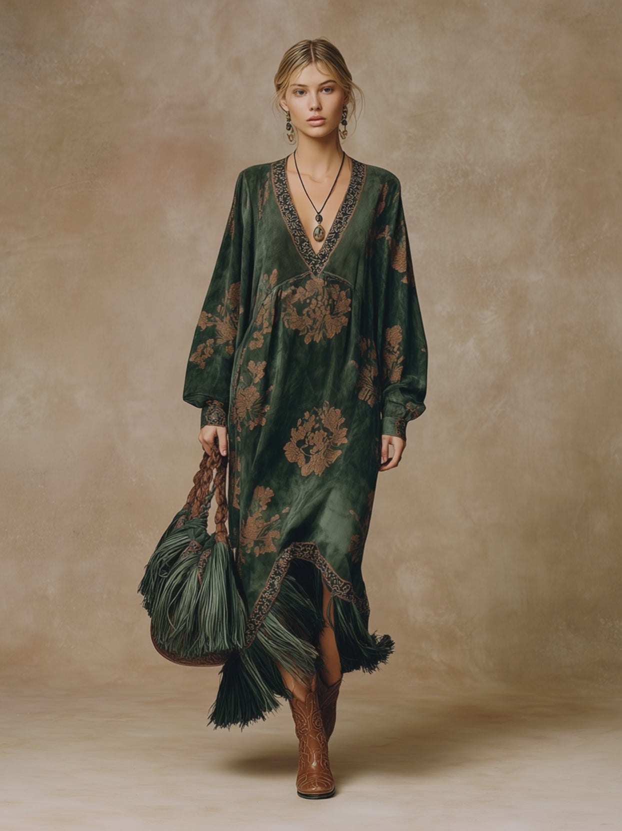 Retro Silhouette Printed Green Faux Suede Tassel Maxi Dress