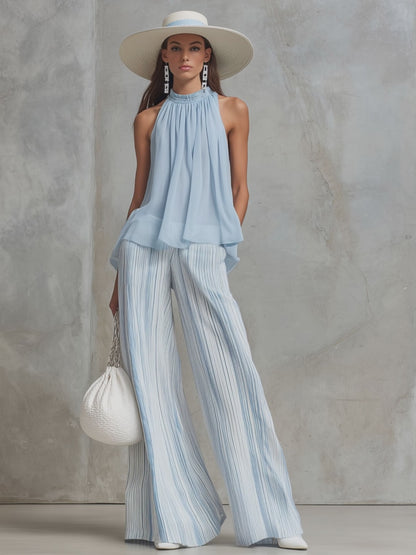 Vacation Light Blue Chiffon Sleeveless Top And Striped Wide-leg Pants Set
