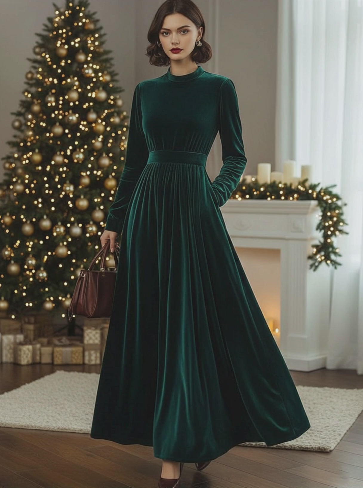 【24-hour shipping out】Stand Collar Loose Party Pocket Solid Velvet Long Sleeve Maxi Dress