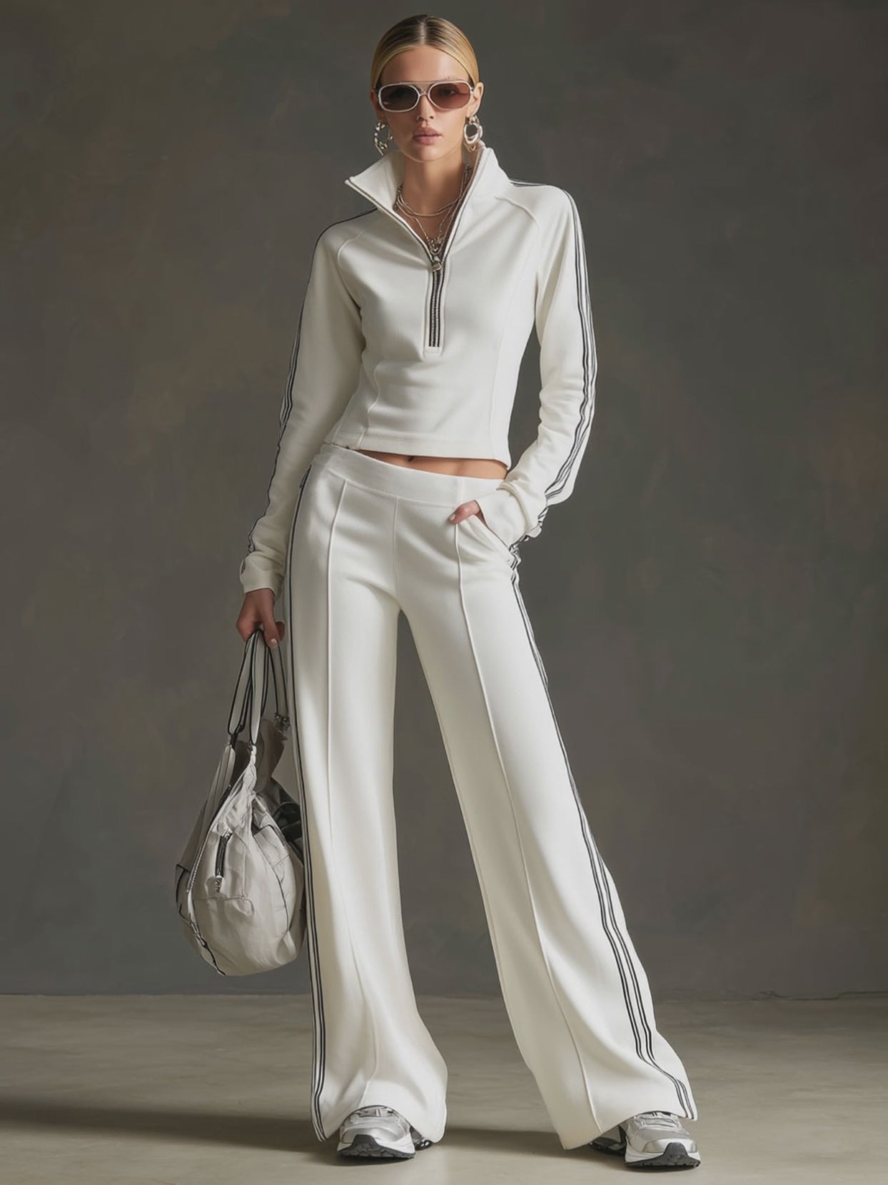 Sporty Retro Striped Webbing White Long-Sleeve Sweatshirt And Wide-Leg Pants Set