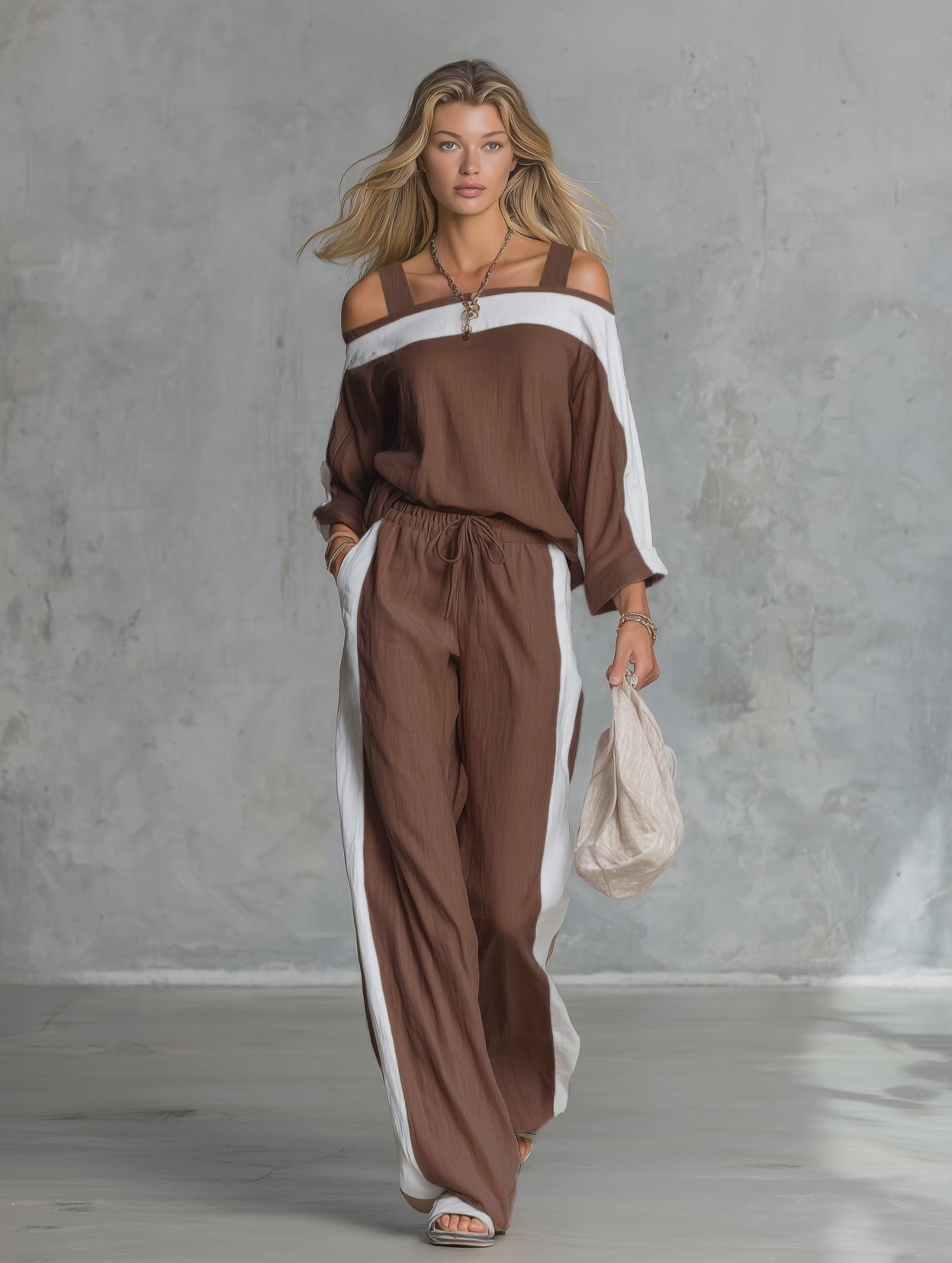 Retro Casual Off-the-shoulder Cotton And Linen Long-sleeved T-shirt And Wide-leg Pants Set.
