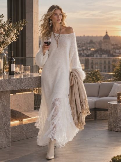 soft-and-cozy-long-haired-white-knit-lace-hem-maxi-dress - Oyrosy