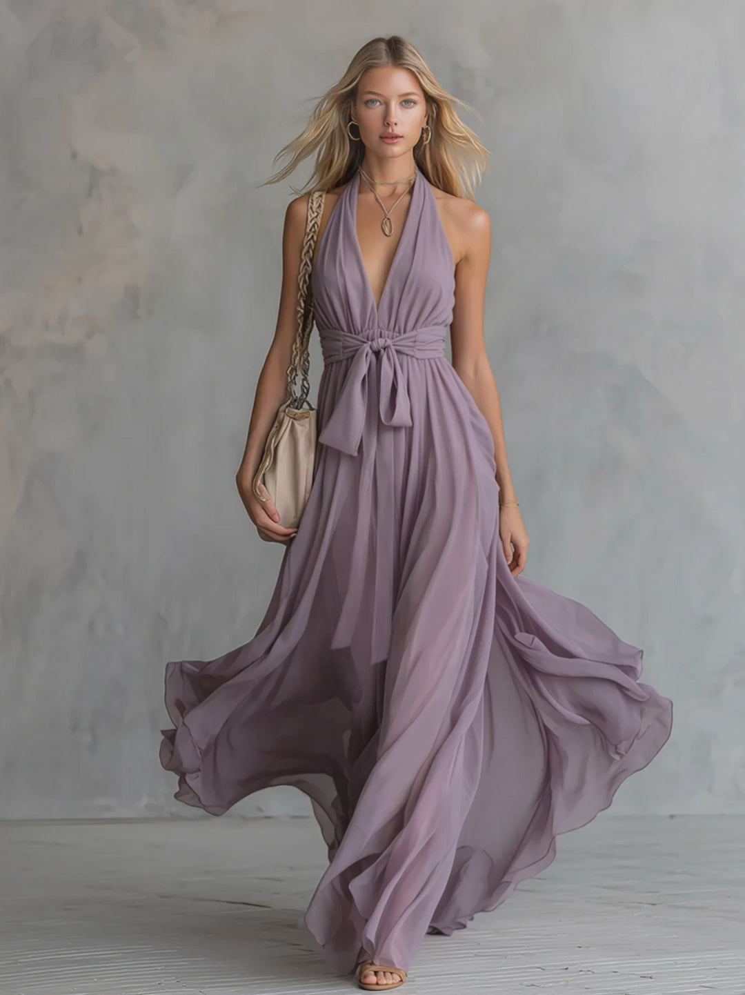Elegant And Stylish Halter Neck V-neck Sleeveless Chiffon Maxi Dress