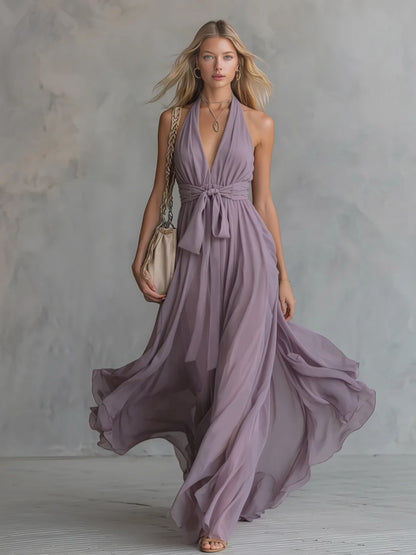 Elegant And Stylish Halter Neck V-neck Sleeveless Chiffon Maxi Dress