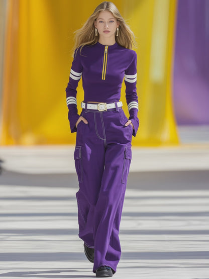 Casual Sports White Topstitching Purple Pant