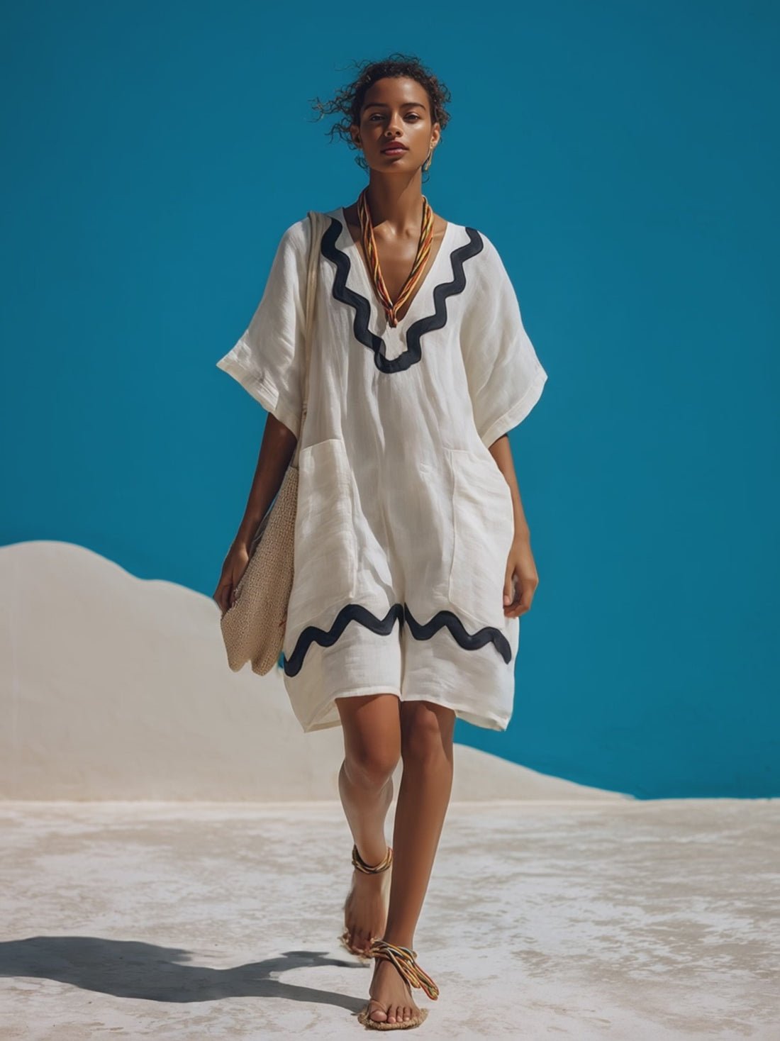 Vintage-style Elegant Scalloped-edge White Cotton-linen Short-sleeve Mini Dress