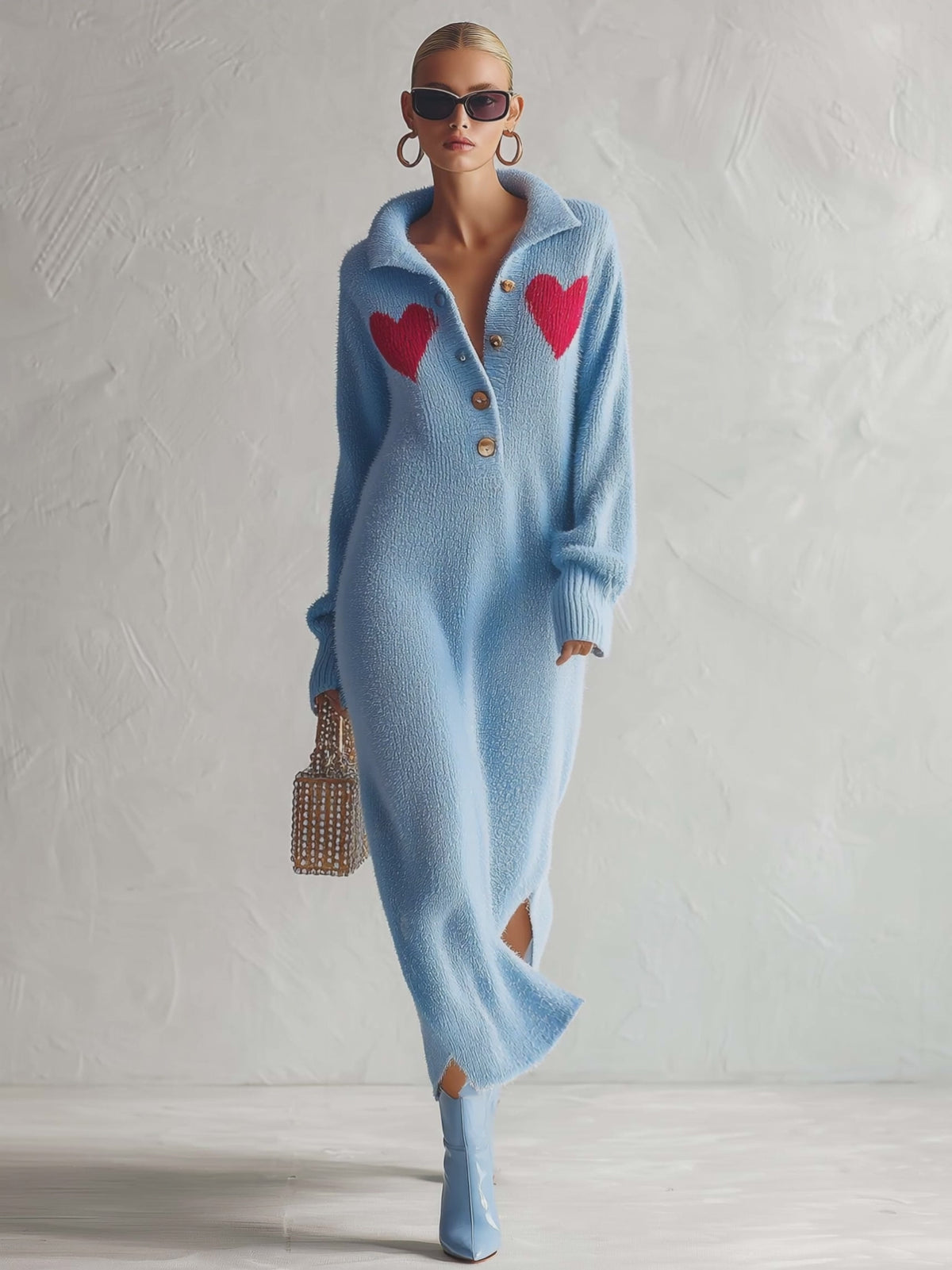 Retro Heart-Motif Powder-Blue Collared Fuzzy Knit Maxi Sweater Dress Women