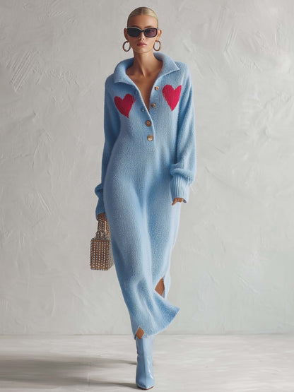 Retro Heart-Motif Powder-Blue Collared Fuzzy Knit Maxi Sweater Dress Women