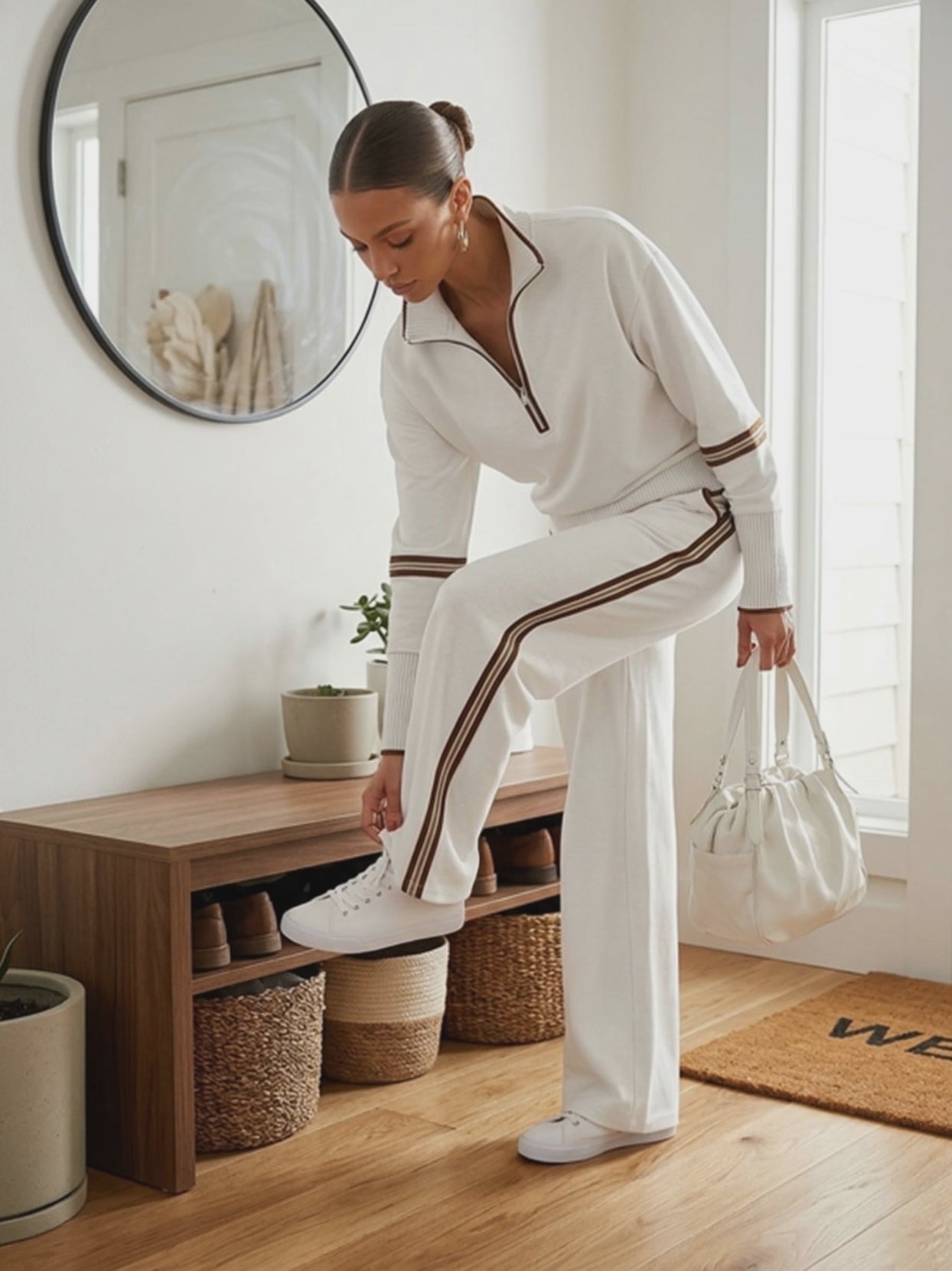 Retro Sporty Webbing Grey-white Half-zip Sweatshirt And Wide-leg Pants Set