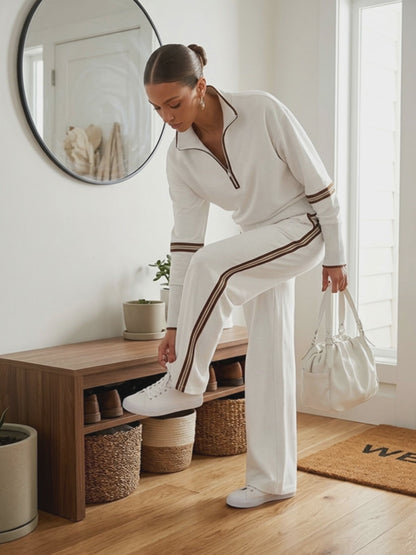 Retro Sporty Webbing Grey-white Half-zip Sweatshirt And Wide-leg Pants Set