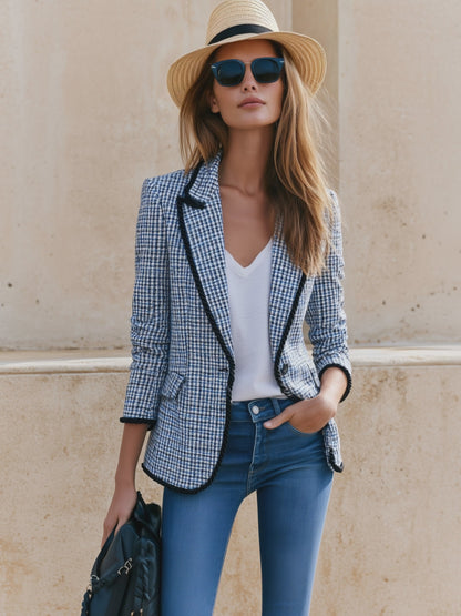 Casual Retro Knotted Ribbon Blue Plaid Blazer
