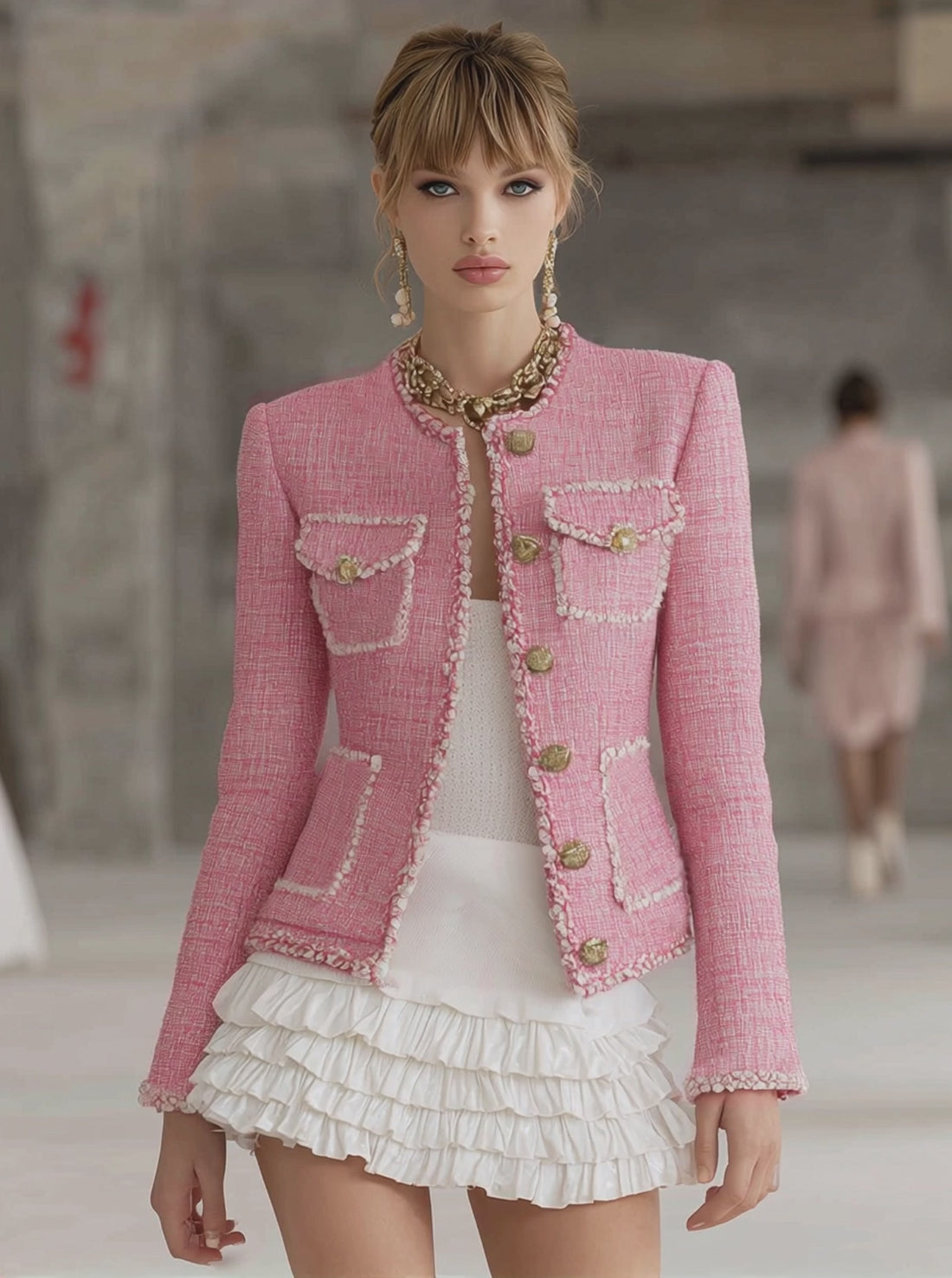 Designer Pink Tweed Patchwork White Trim Button Jacket