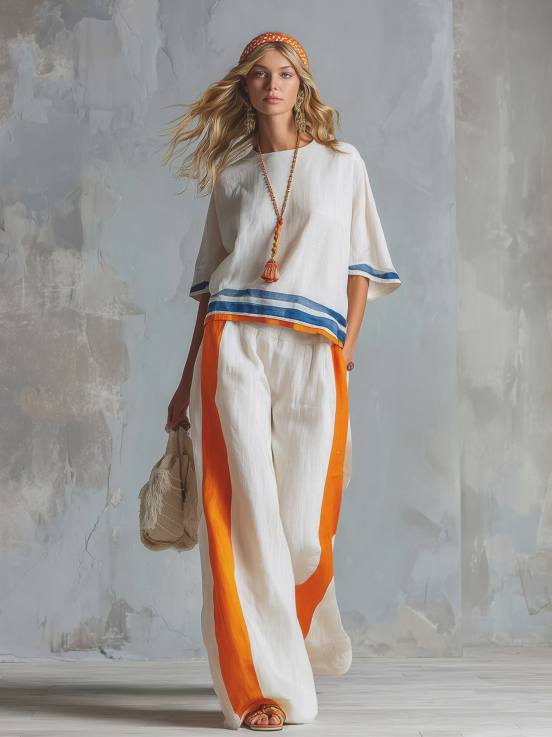 Casual Urban Style Contrast-Trimmed White T-Shirt &amp; Wide-Leg Pants Cotton-Linen Set
