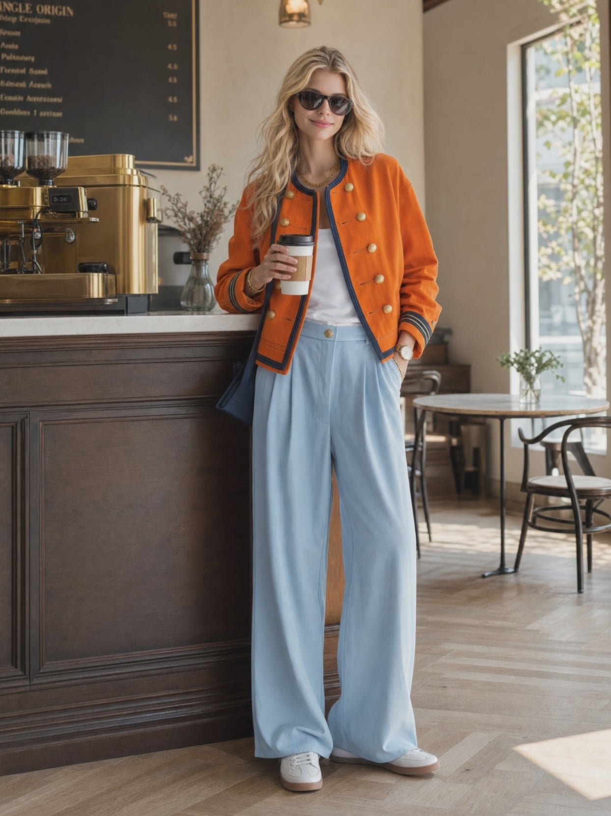 womens-orange-military-jacket-double-breasted-gold-button-oversized-band-coat - Oyrosy