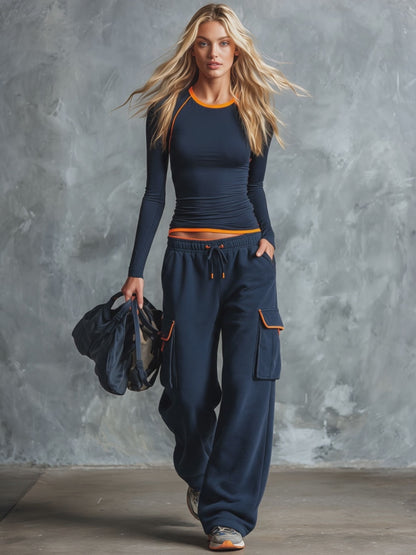 Retro Sporty Color-blocked Blue Cotton Top And Pants Set