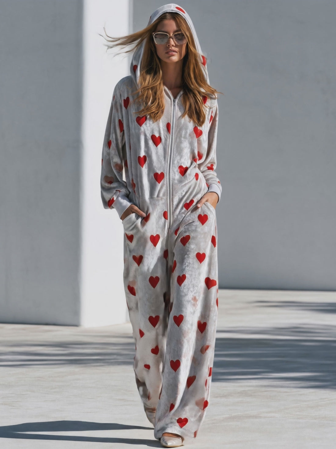 Casual Retro Heart Print Gray Velvet Hooded Zip-up Jumpsuit