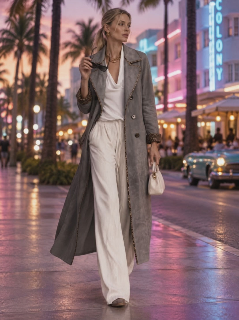 Retro-chic Faux-suede Coat With Leopard-print Trim