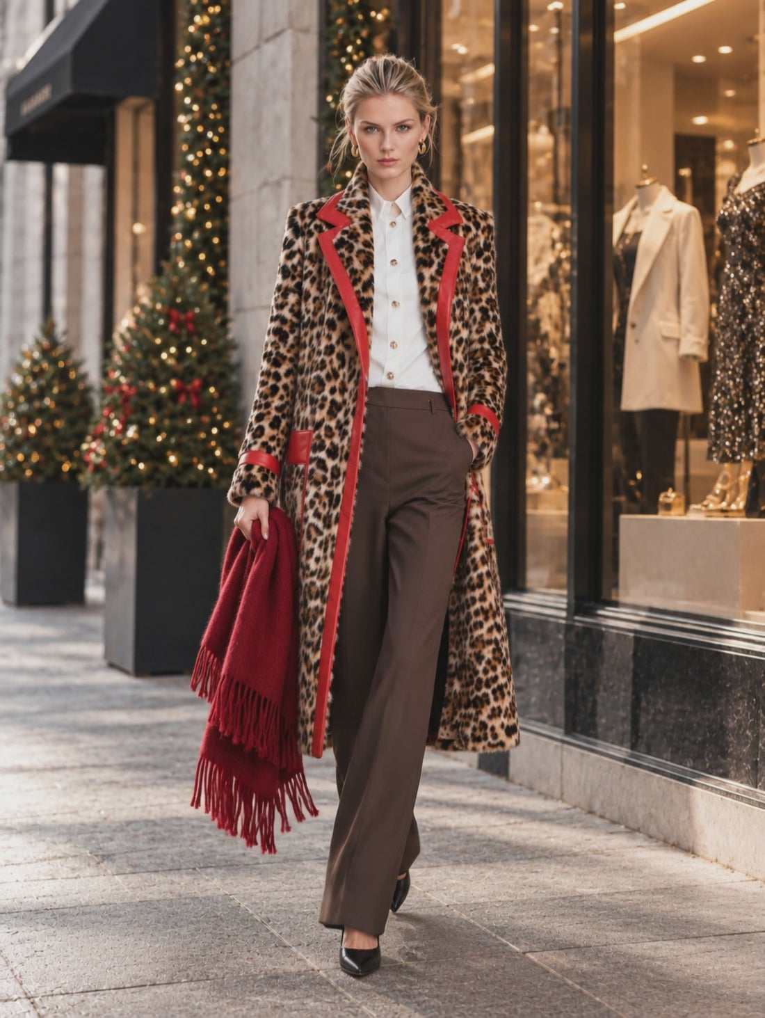 Chic Urban Faux-Leather Trimmed Leopard-Print Faux-Fur Coat