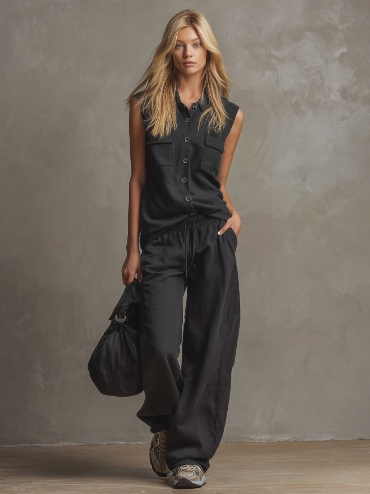Black Collared Button-down Sleeveless Top And Trousers Set