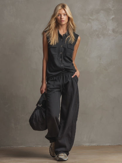 Black Collared Button-down Sleeveless Top And Trousers Set