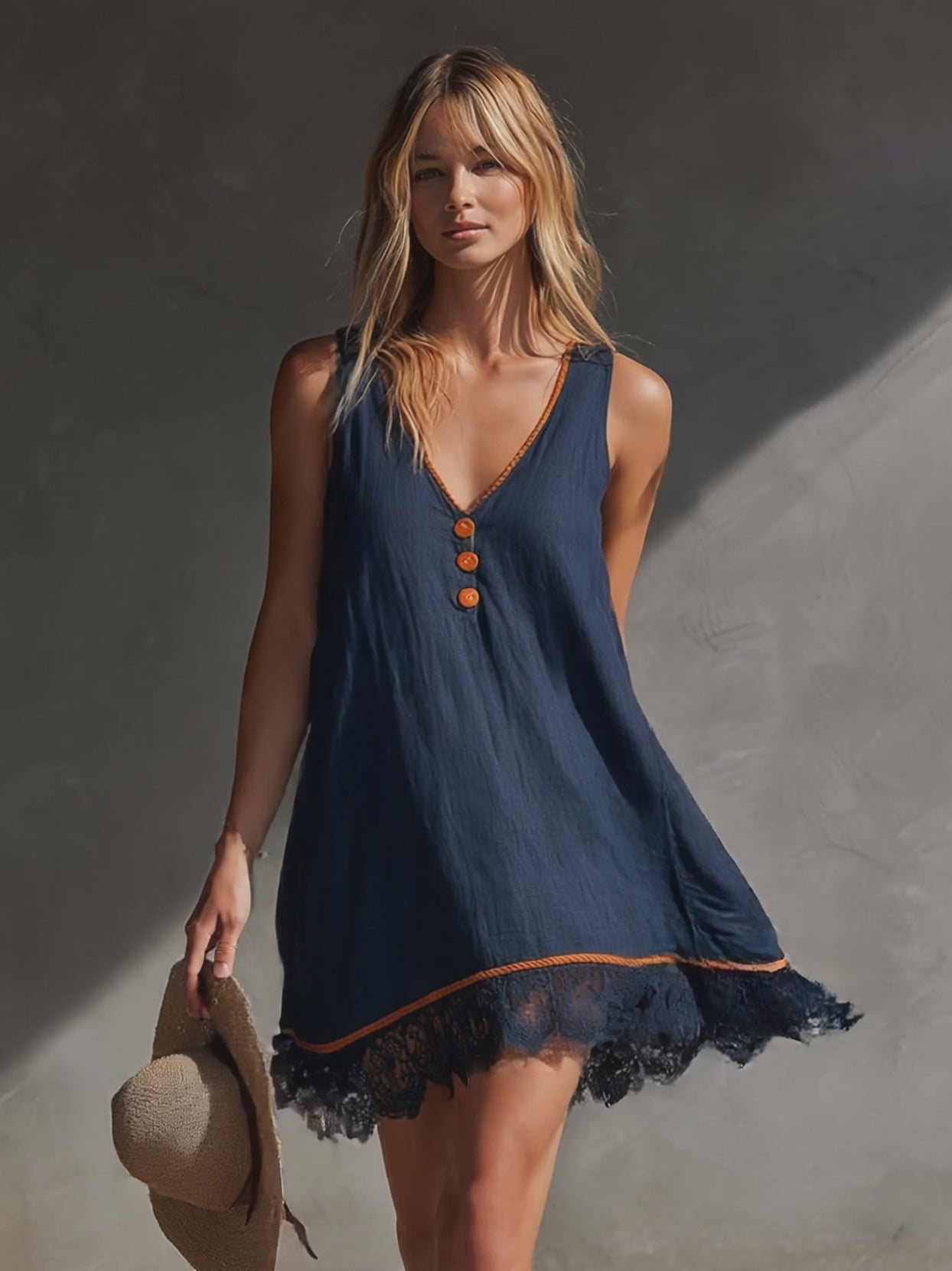 Casual Vacation V-Neck Front Buttons Lace Hem Dark Blue Cotton-Linen Mini Dress