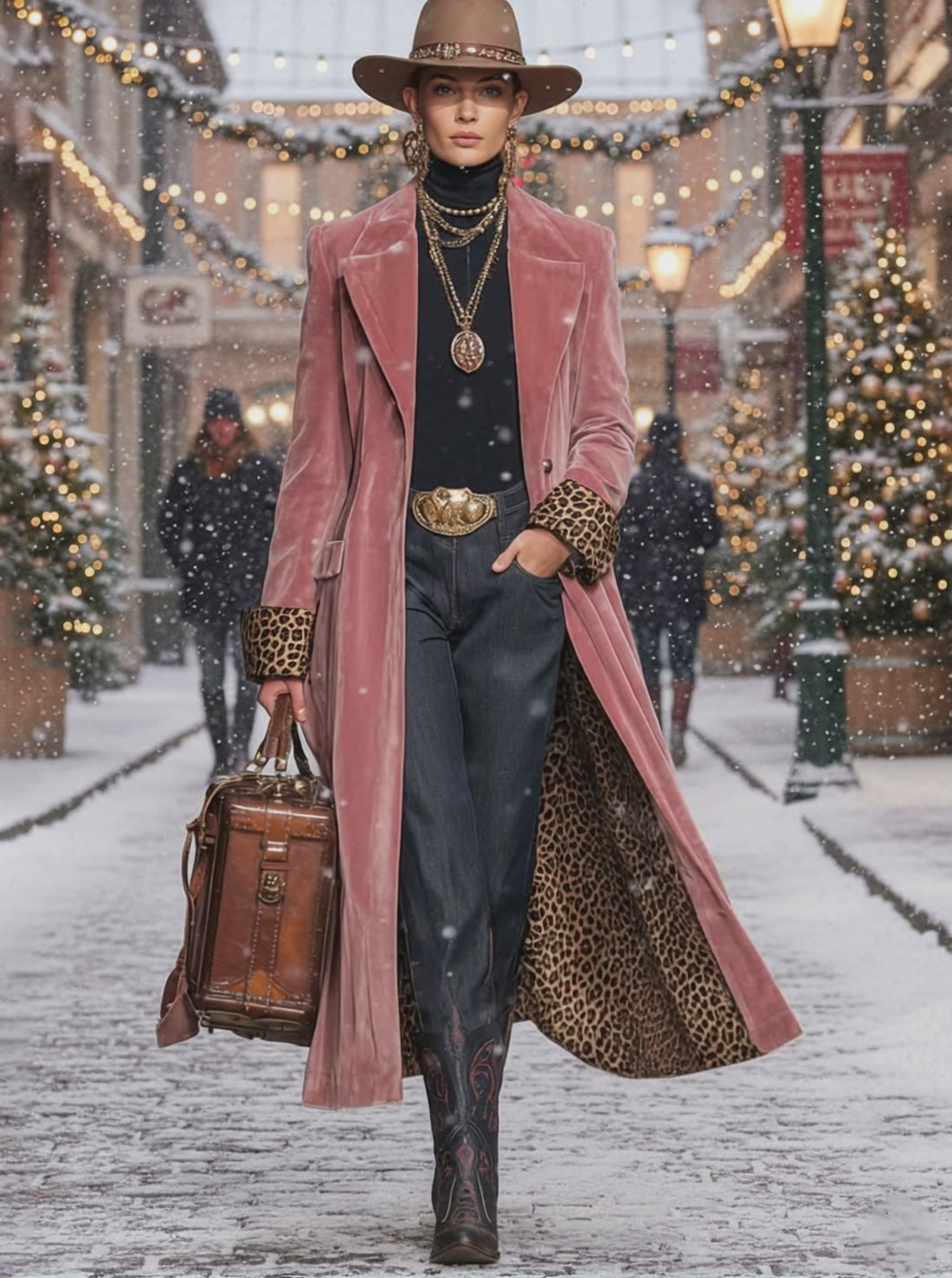 Lapel Single-breasted Velvet And Leopard Print Coat