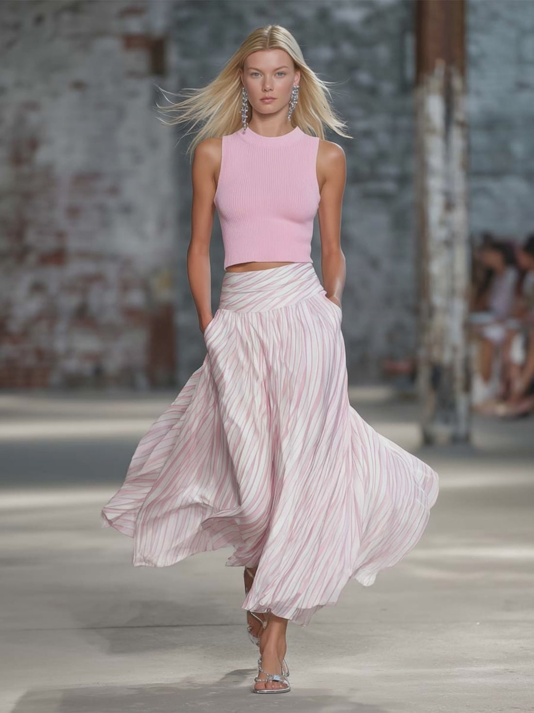 Elegant Retro Flowy Pink Knit Top And Striped Chiffon Skirt Set