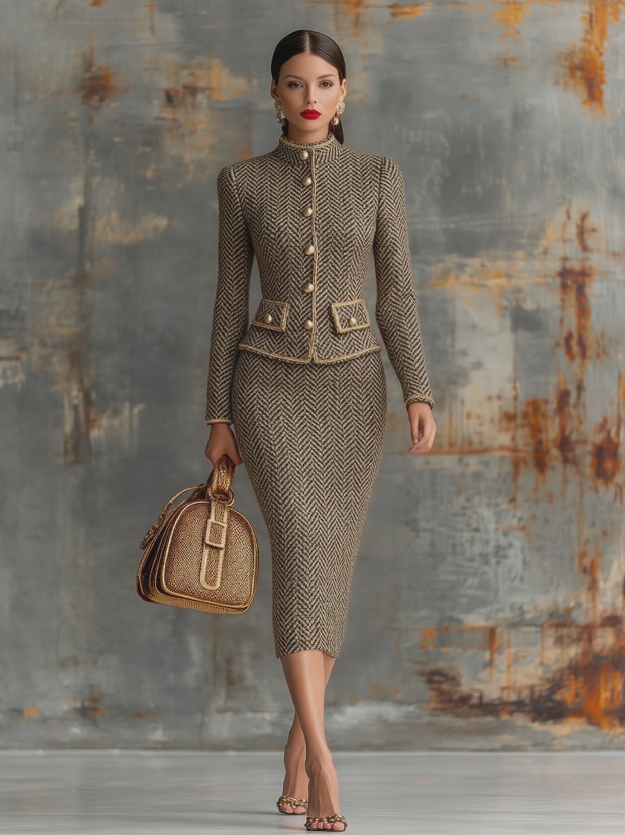 Vintage Herringbone Gold Trim Stand Collar Jacket And Skirt Set