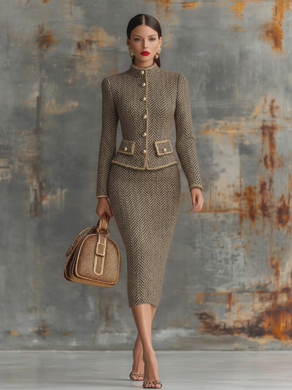 Vintage Herringbone Gold Trim Stand Collar Jacket And Skirt Set