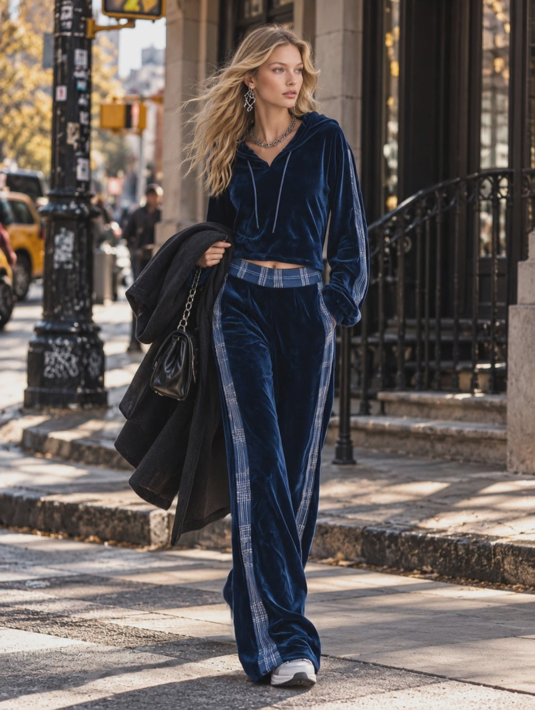 Casual Urban Style Plaid Trim Dark Blue Velvet Hooded Top &amp; Wide-Leg Pants Set