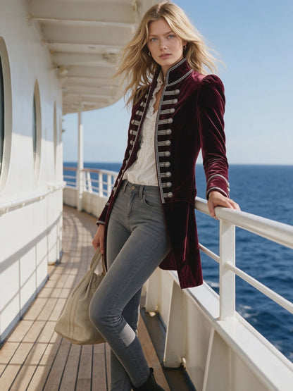 Retro Court Style Burgundy Velvet Military Coat