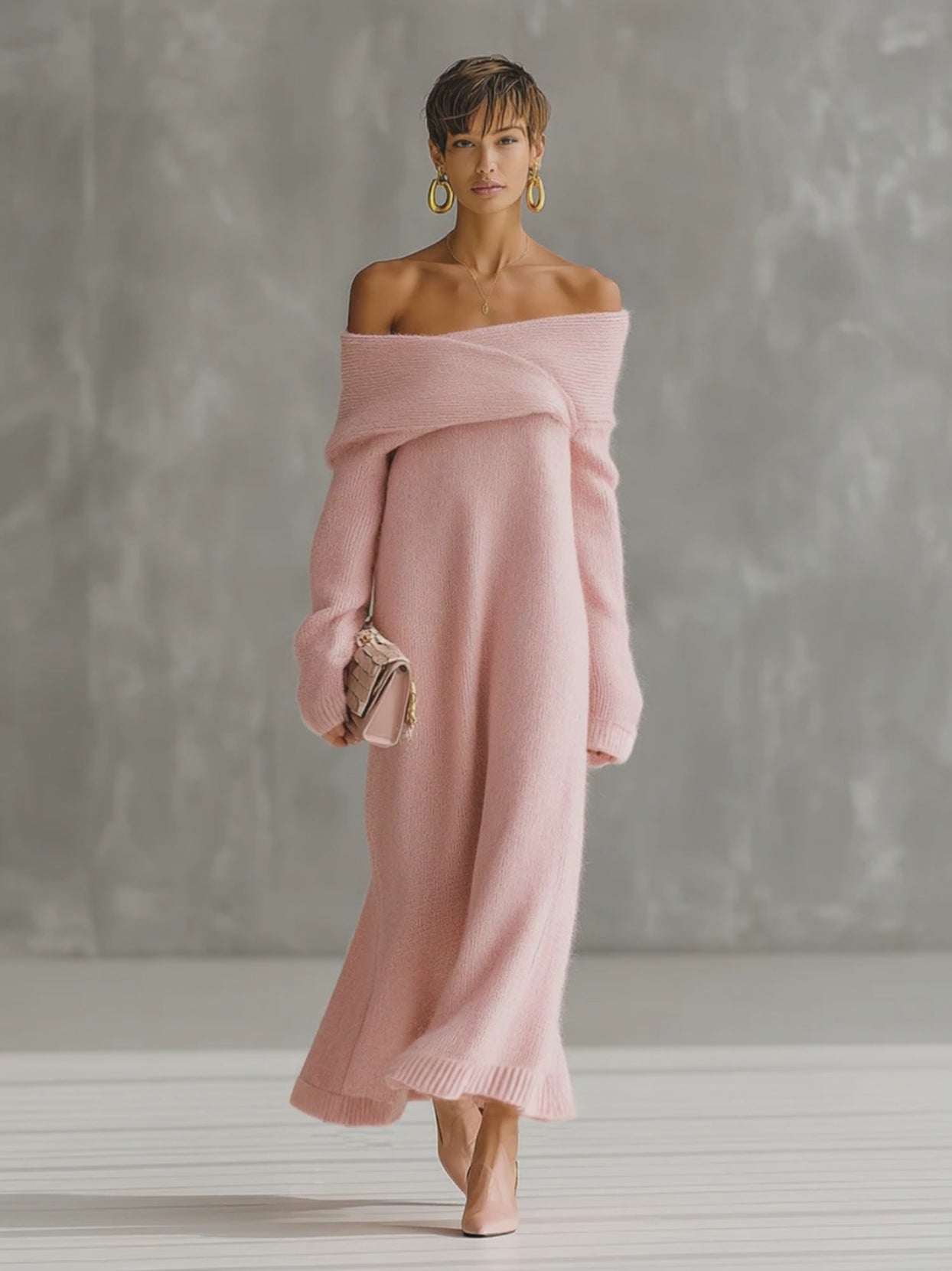 Pink Mohair One-shoulder Loose Maxi Dress