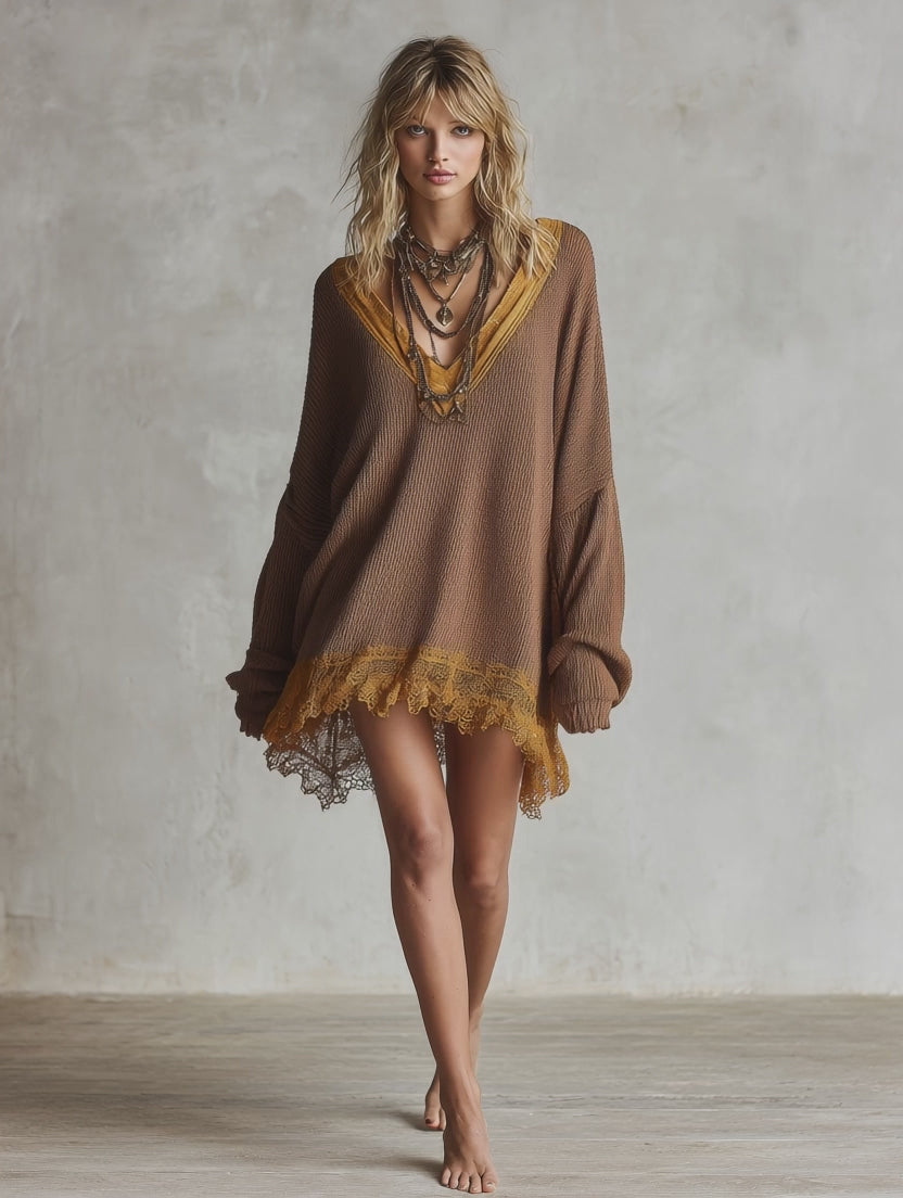 Retro-chic Oversized Color-block Lace-trim Brown Knit Mini Dress