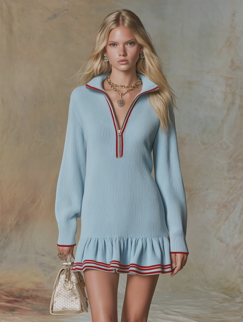Retro Color-blocked Trim Half-zip Ruffle Mini Knit Dress