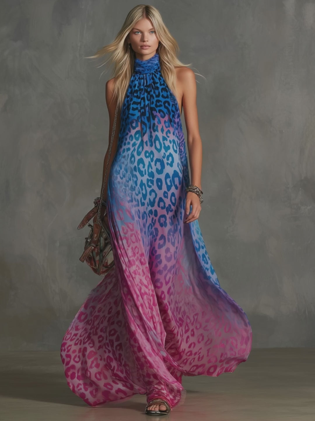 Gradient Leopard Print Chiffon High-neck Sleeveless Maxi Dress