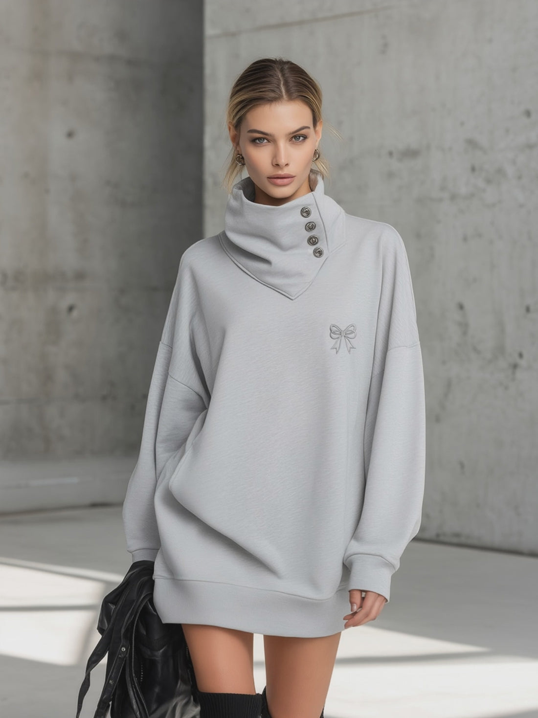 Simple Sporty Loose-fitting Collar Light Gray Mini Dress