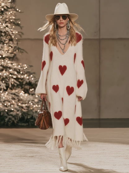 Stylish Long-sleeved V-neck Heart-patterned White Mohair Knit Tassel Midi Dress