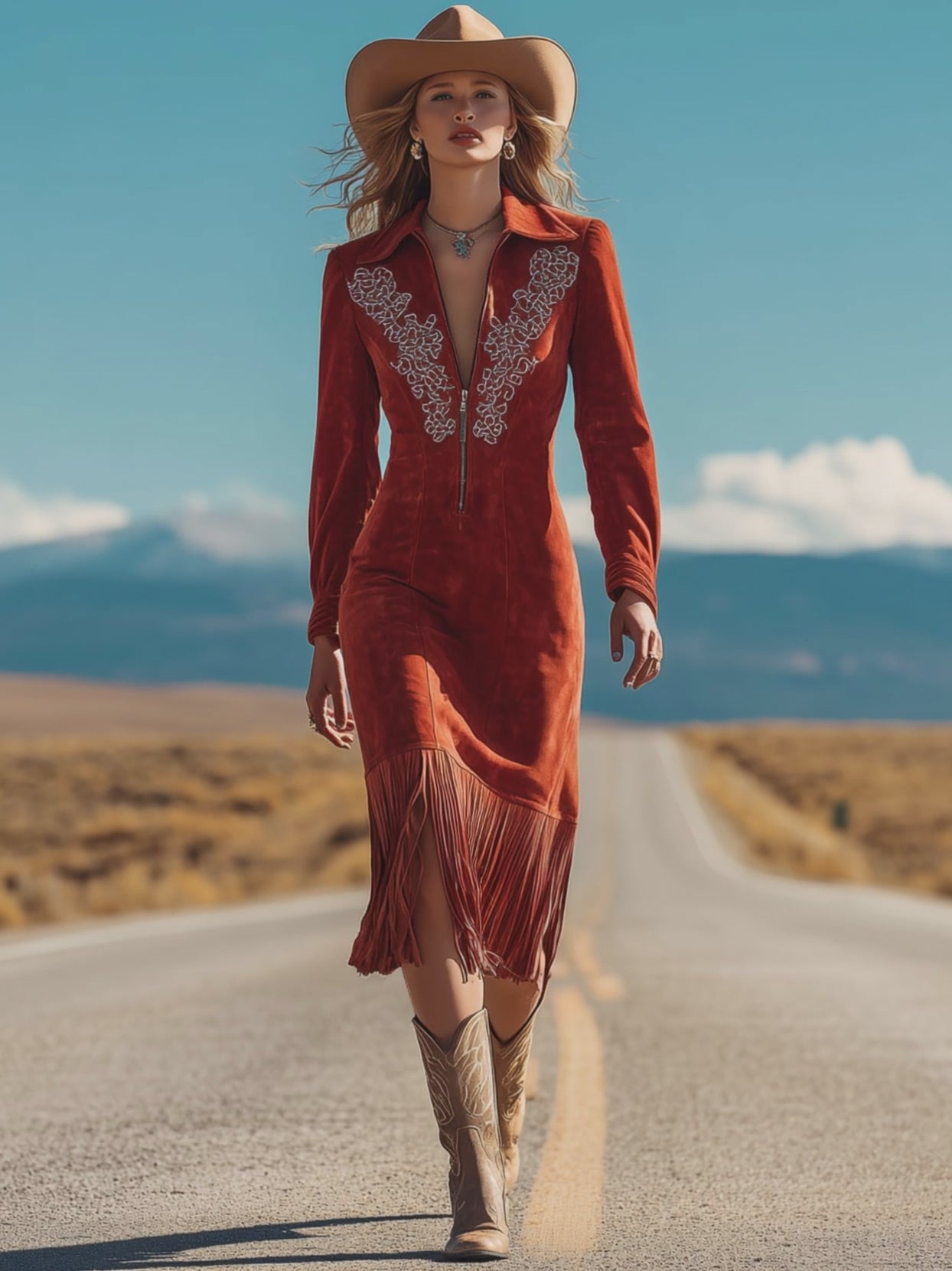 Western Retro Red Faux Suede Embroidered Long-Sleeved Tassel Midi Dress