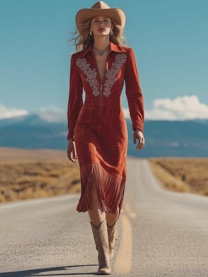 Western Retro Red Faux Suede Embroidered Long-Sleeved Tassel Midi Dress