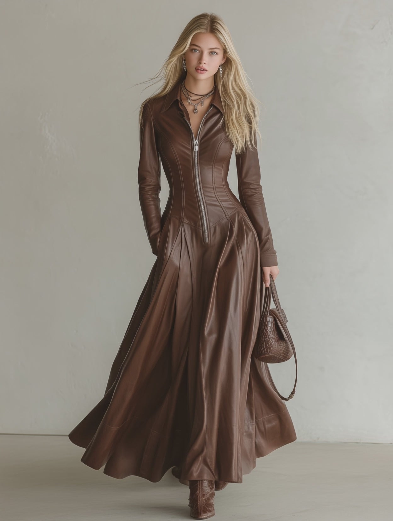 Elegant Vintage Lapel Front Zipper Paneled Brown Faux Leather Maxi Dress