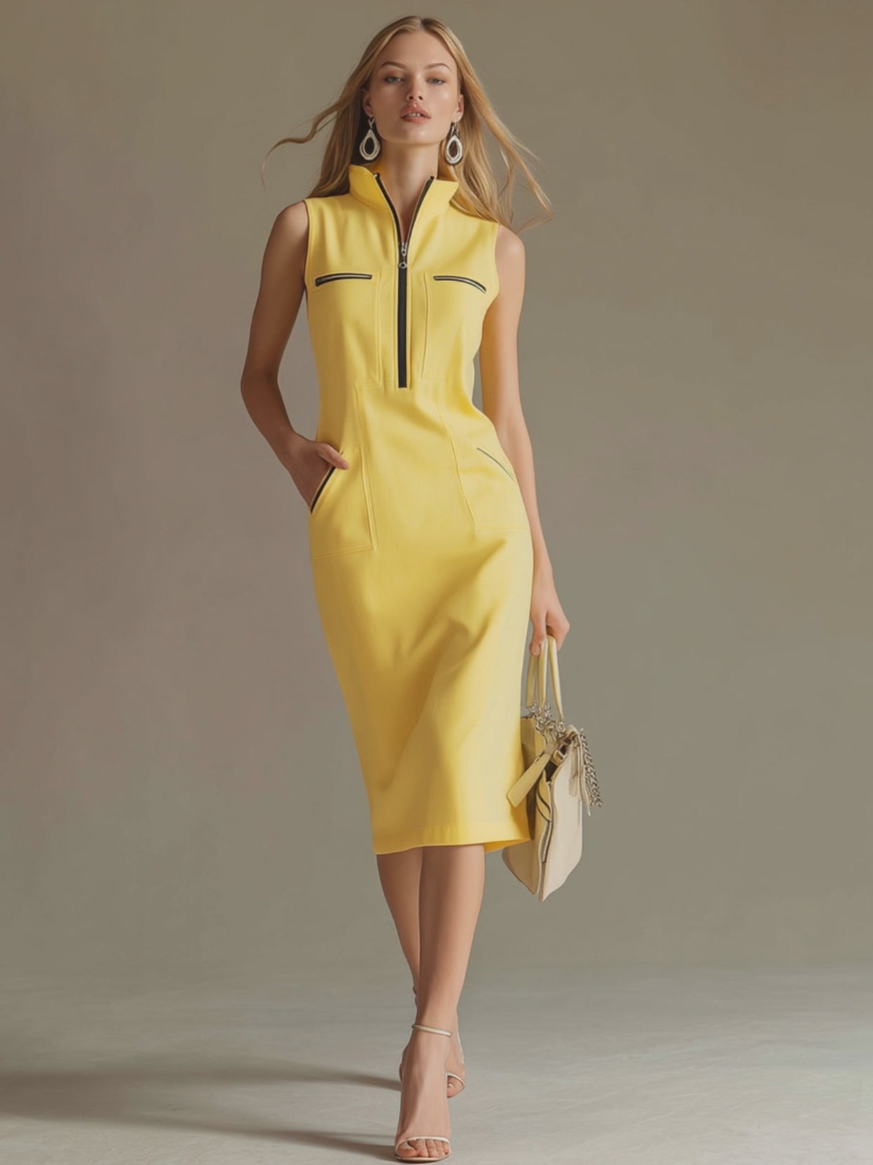 Stylish And Casual Yellow Stand-up Collar Sleeveless Midi Dress