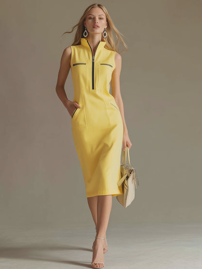 Stylish And Casual Yellow Stand-up Collar Sleeveless Midi Dress