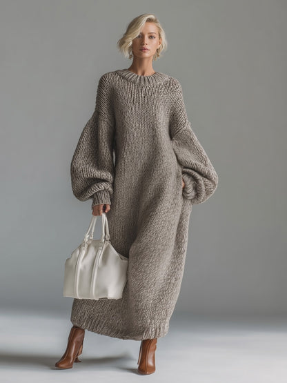 Elegant Urban Silhouette Round Neck Heathered Khaki Knitted Maxi Dress