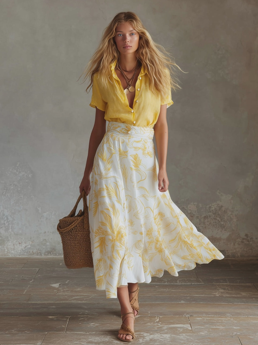 Elegant Summer Vacation Outfit Yellow Cotton-Linen T-Shirt &amp; Moon-Print Chiffon Skirt Set