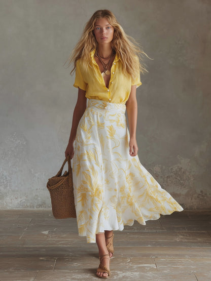 Elegant Summer Vacation Outfit Yellow Cotton-Linen T-Shirt &amp; Moon-Print Chiffon Skirt Set