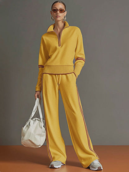 Retro Sporty Webbing Grey-white Half-zip Sweatshirt And Wide-leg Pants Set