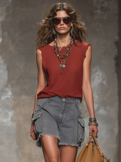 Casual Retro Gray Denim Frayed Edge 3D Pocket Shorts