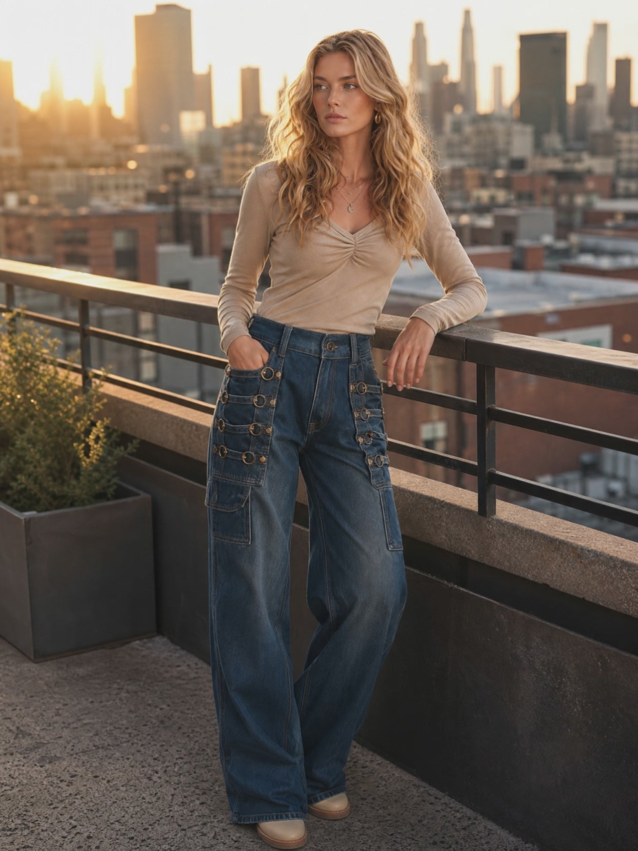 Western Cowgirl Metal-buckle Loop-detail High-waist Wide-leg Jeans