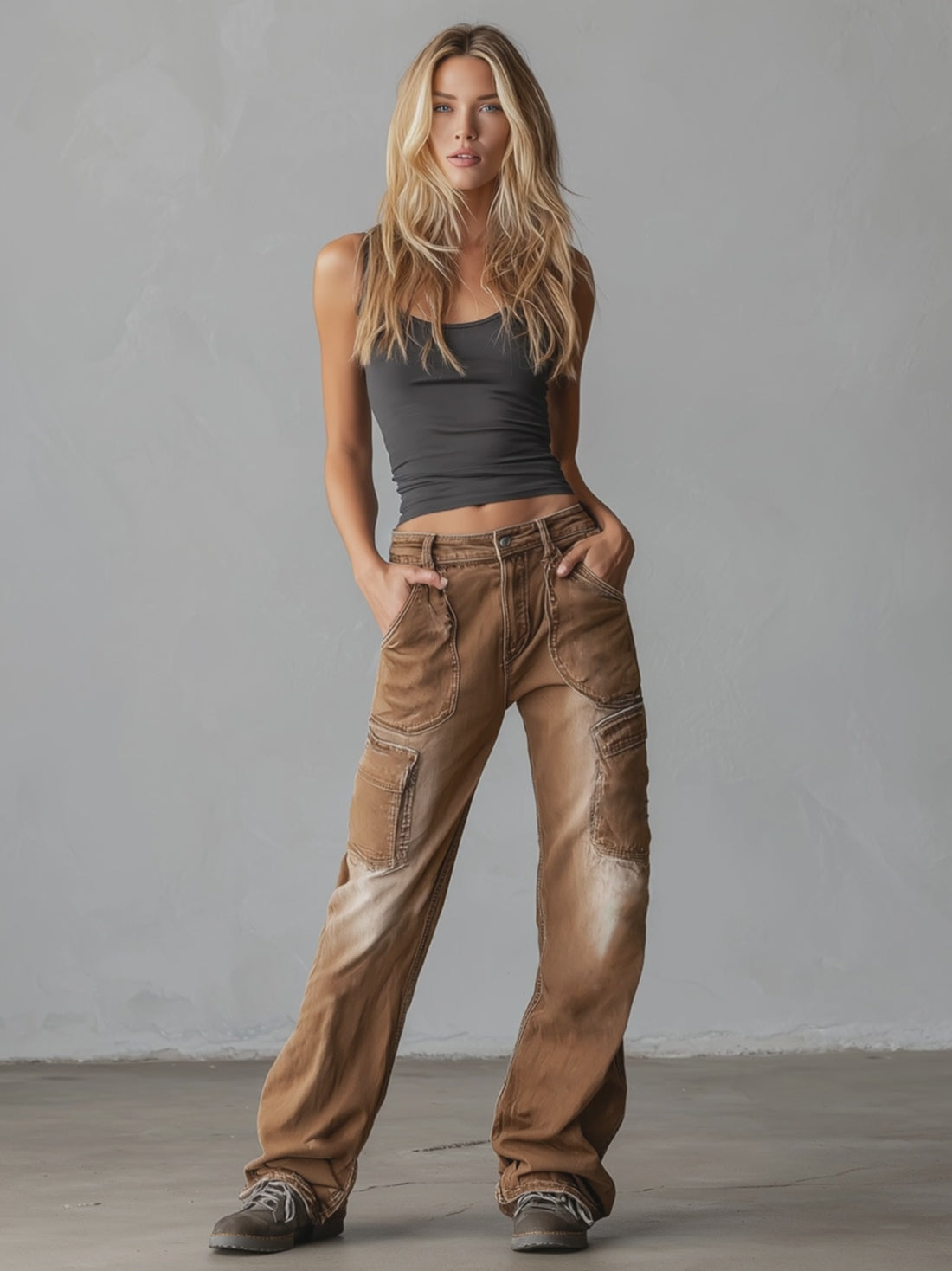Stylish &amp; Distinctive Distressed Brown Cargo Jeans